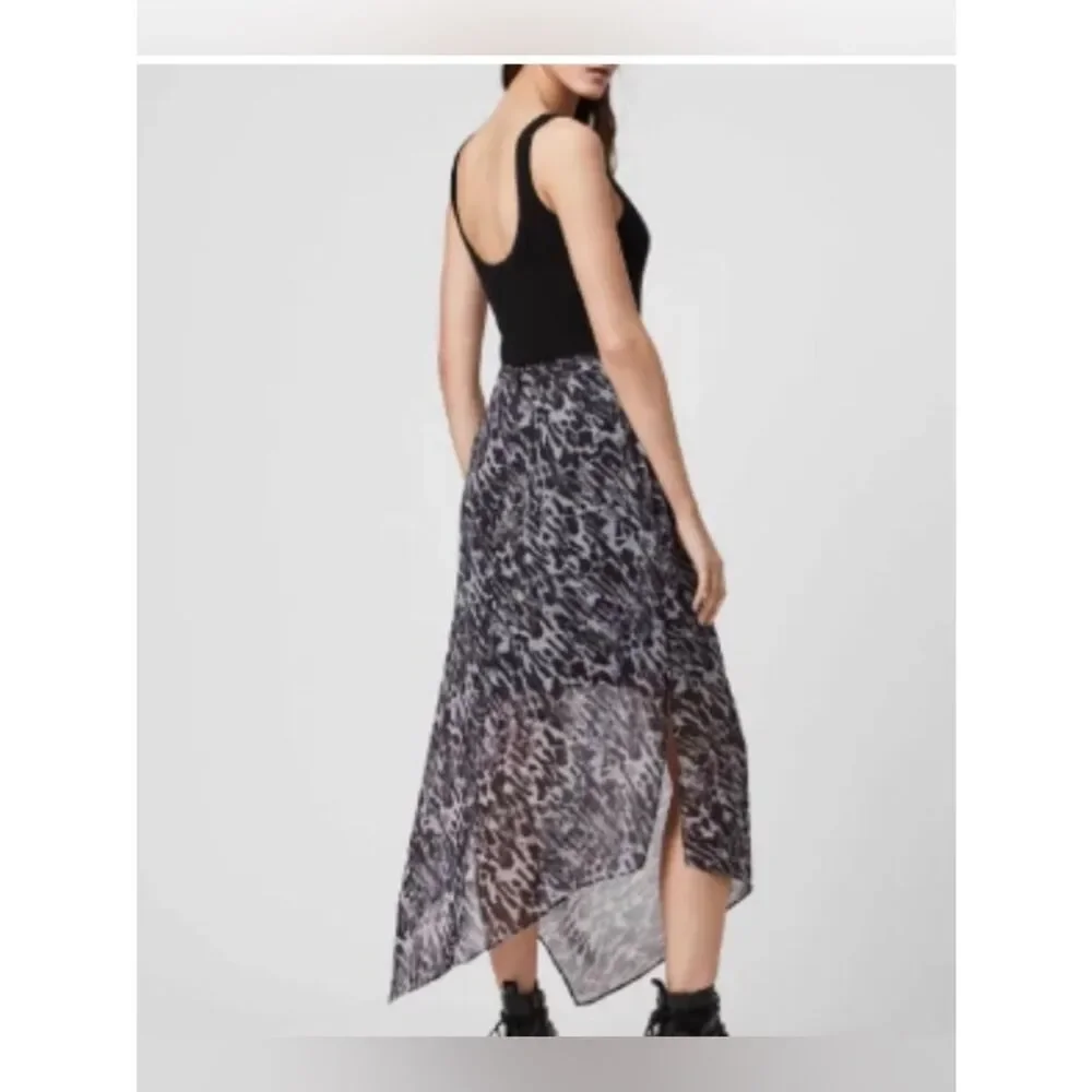 AllSaints Rhea animal print slip skirt.  Sheer Asymmetric Hem Black/Gray